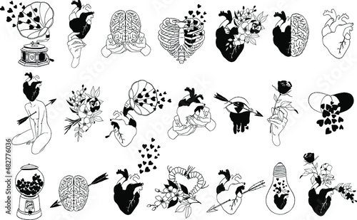 Valentines Day vector hand drawn set in graphic style. Valentines temporary tattoo. Valentines icons: anatomical heart, brains, arrows, pierced heart, female body, flowers, bubblegum machine.