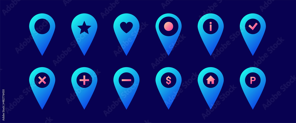 Colorful pin icon set. Gps pointer mark. Location map symbol of home, bank, parking etc Colorful pin icon set. Gps pointer mark. Location map symbol of home, bank, parking etc