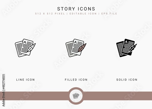 Story icons set vector illustration with solid icon line style. Journalist text publication concept. Editable stroke icon on isolated background for web design, user interface, and mobile application