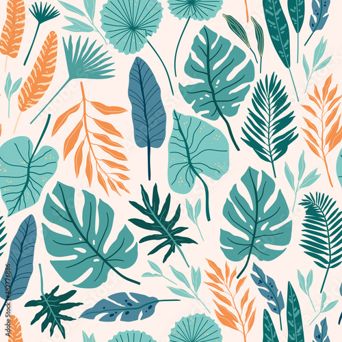 Seamless pattern with tropical spirit. Jungle leaves and palms. Vector illustration.