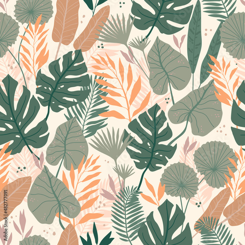 Seamless pattern with tropical spirit. Jungle leaves and palms. Vector illustration.