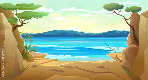 Seashore and mountains in distance. Stone rocks, sandstone and stones. Landscape of southern countryside. Cool cartoon style. Vector