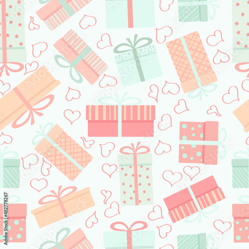 Set of gifts and hearts for Valentine's Day or Birthday. Vector cartoon flat seamless pattern of beautiful modern packaging boxes in pastel colors.