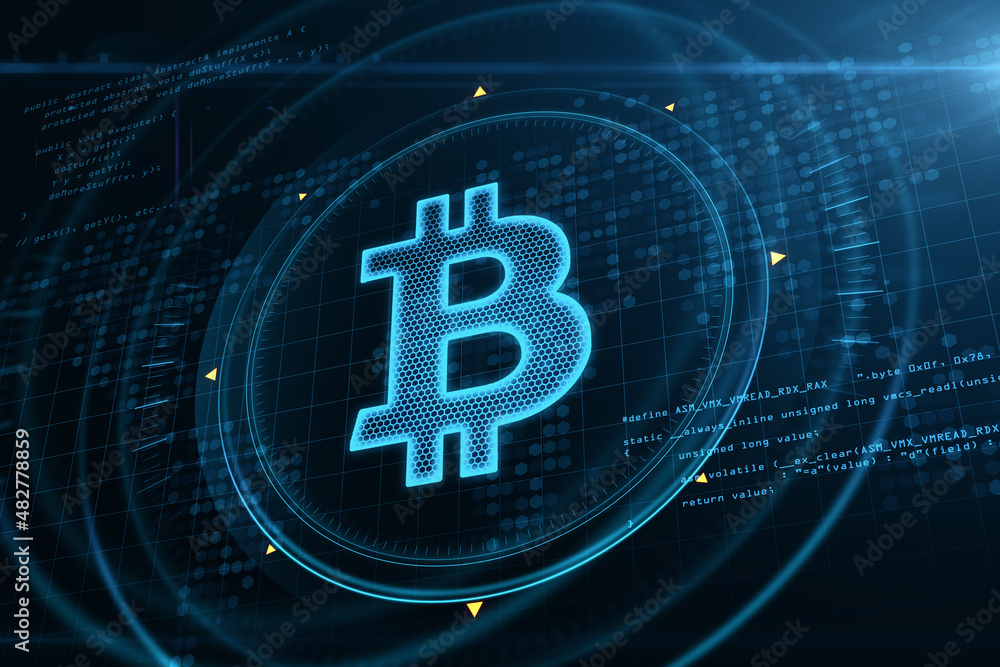 Abstract glowing bitcoin sign hologram on blurry blue grid background with coding. Online banking, cryptocureency and innovation concept. 3D Rendering. Abstract glowing bitcoin sign hologram on blurry blue grid background with coding. Online banking, cryptocureency and innovation concept. 3D Rendering.