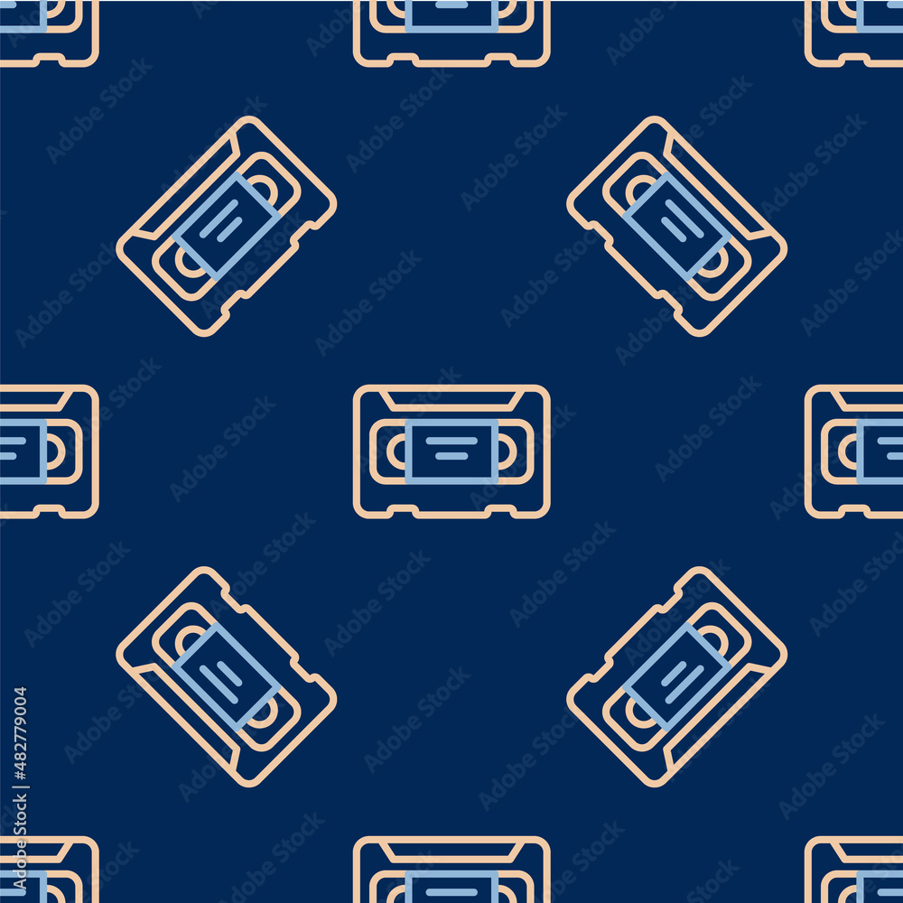 Line VHS video cassette tape icon isolated seamless pattern on blue background. Vector Line VHS video cassette tape icon isolated seamless pattern on blue background. Vector