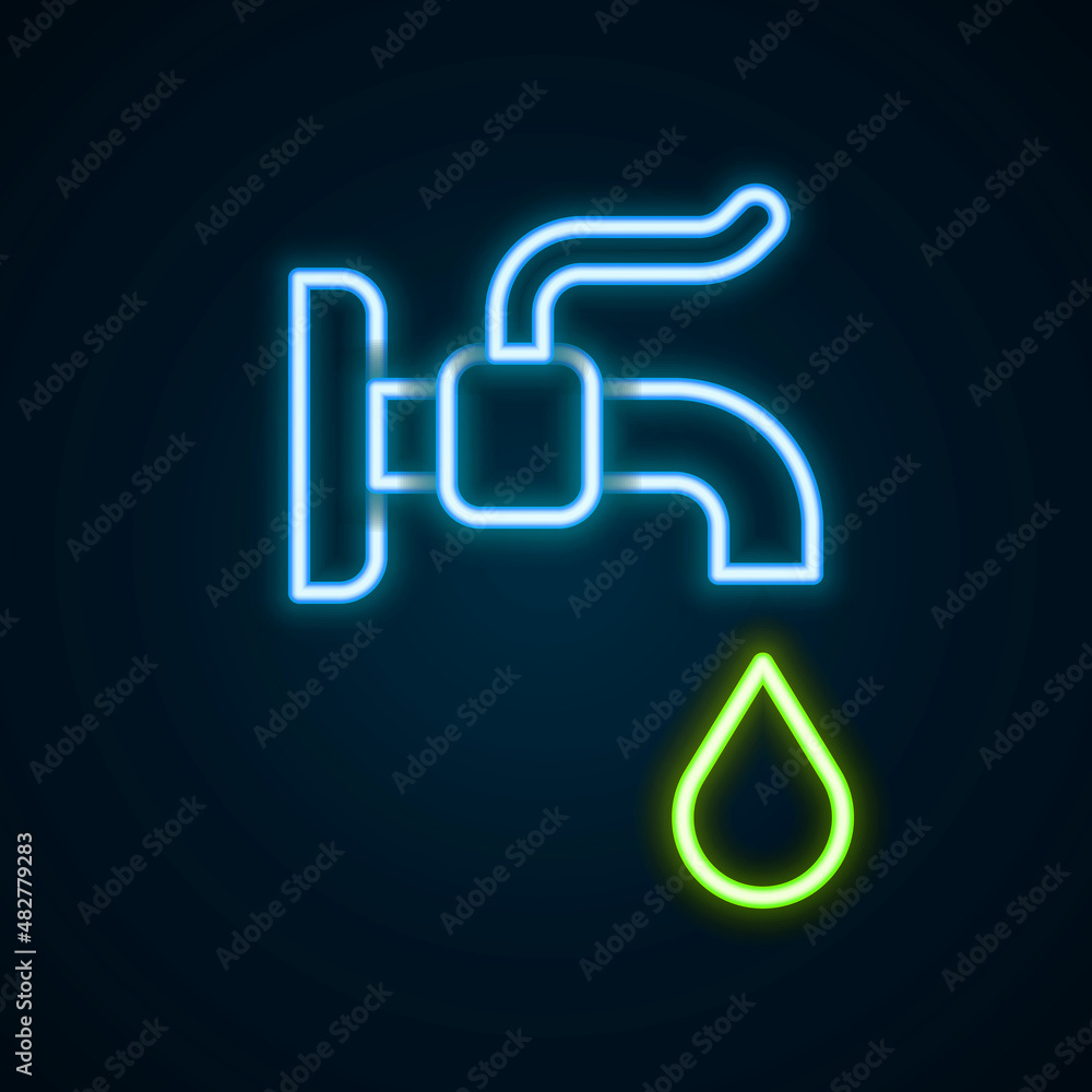 Glowing neon line Water tap icon isolated on black background. Colorful outline concept. Vector Glowing neon line Water tap icon isolated on black background. Colorful outline concept. Vector