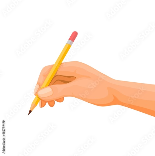 Hand holding pencil, writing education symbol illustration vector