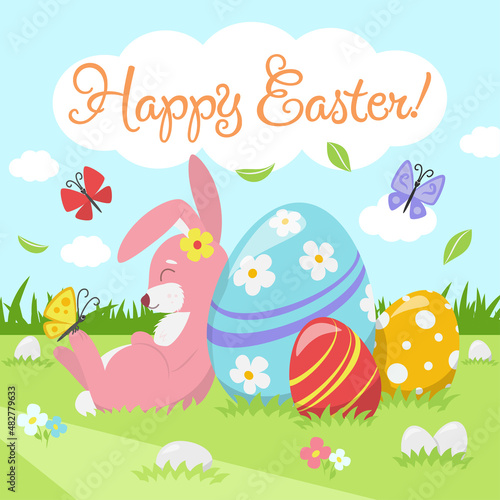 Cute sleeping bunny with colorful Easter eggs in spring meadow with flowers and butterflies. Cartoon spring scene for traditional greeting cards. Flat design illustration in bright colors