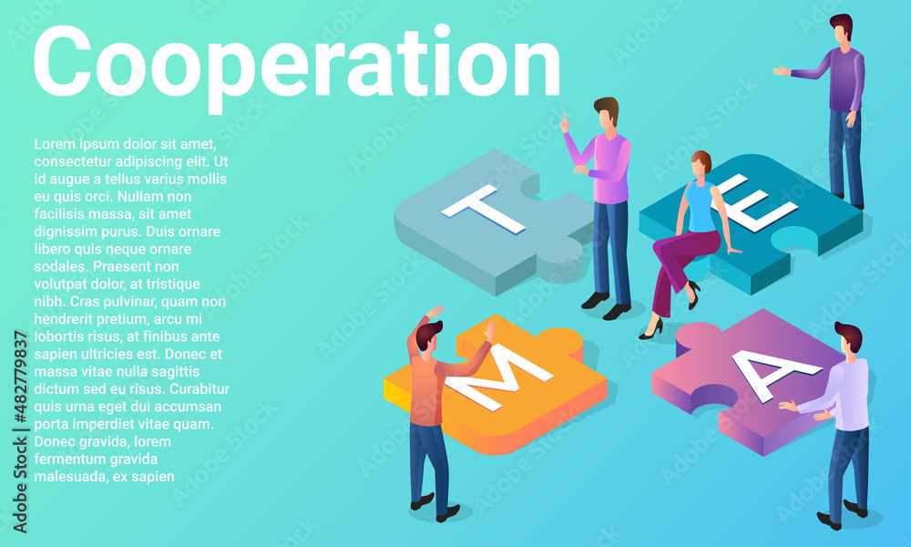 Cooperation.Business partnership, cooperation and teamwork.People are putting together a puzzle.Poster in business style.Flat vector illustration. Cooperation.Business partnership, cooperation and teamwork.People are putting together a puzzle.Poster in business style.Flat vector illustration.