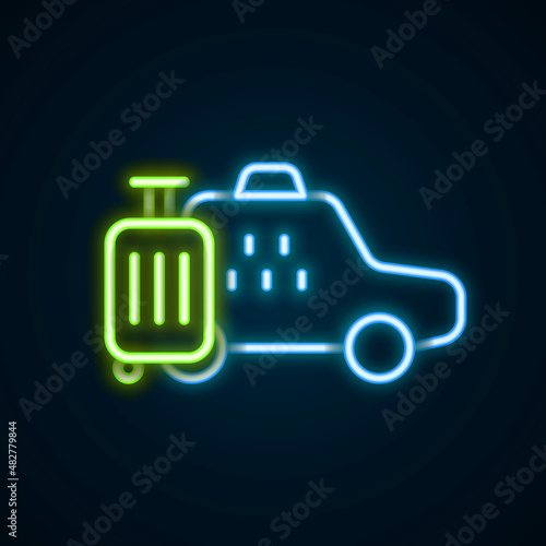 Glowing neon line Taxi car icon isolated on black background. Colorful outline concept. Vector
