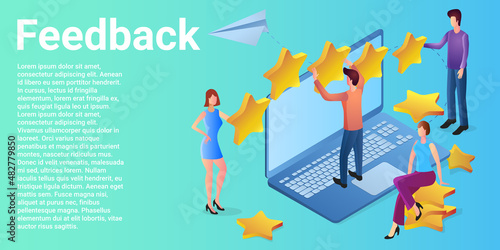 Feedback. People on the background of a laptop and stars of evaluation.The concept of communication with consumers.A business-style poster.Flat vector illustration.