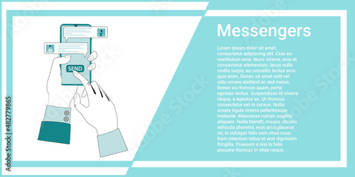 Messengers.The user sends messages using a smartphone.The concept of social networks and online communication.The concept of control over the business process.An illustration in the style of a green l