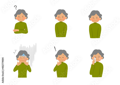 人物(おばあちゃん)の顔の表情・感情(ベクターイラスト)