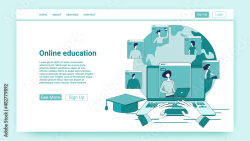 Online education.People on the background of the globe study and consult with teachers.An illustration in the style of a green landing page.