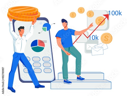 Financial advisor and online consultant. Calculating income and finance growth, company development, investment strategy, flat vector illustration isolated on white.