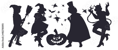 Halloween silhouettes of people dressed in Halloween fancy dress to go Trick or Treating or holiday party. Template for banners and posters, vector illustration isolated on white background.