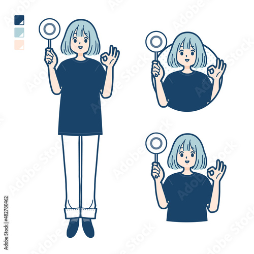 ビッグサイズTシャツを着た女性がマル印パネルを出すイラスト