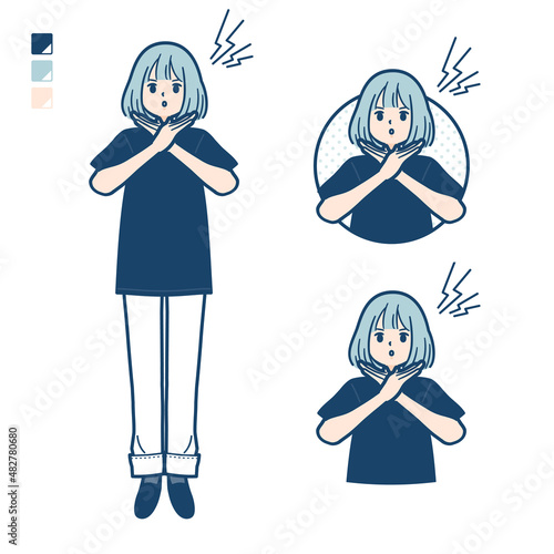 ビッグサイズTシャツを着た女性が腕でばってんを作っているイラスト