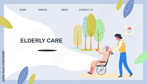 Professional and volunteer help for the elderly web page concept. Help and care for pensioners and senior people, flat vector illustration.