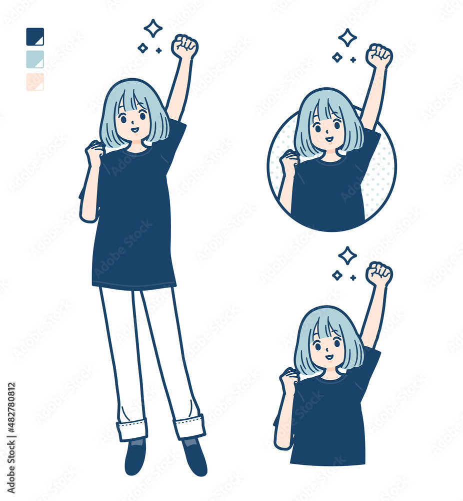 ビッグサイズtシャツを着た女性がガッツポーズをしているイラスト Stock Vector Adobe Stock