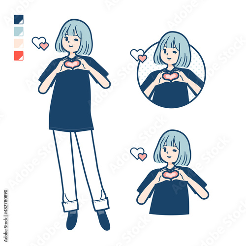 ビッグサイズTシャツを着た女性が手でハートマークを作っているイラスト