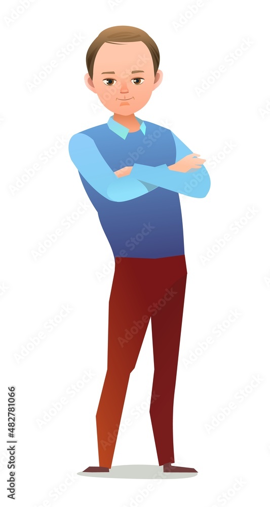 Handsome little boy in pants and sweater. Cheerful middle aged teen. Cheerful person. Standing pose. Cartoon comic flat design. Single character. Illustration isolated on white background. Vector
