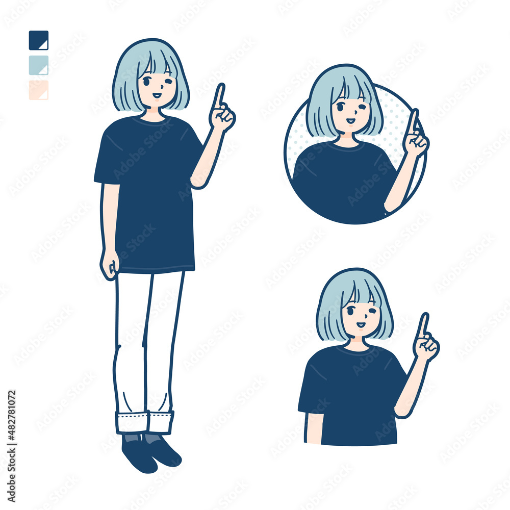 ビッグサイズTシャツを着た女性が指差ししているイラスト ビッグサイズTシャツを着た女性が指差ししているイラスト