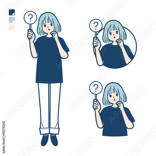 ビッグサイズTシャツを着た女性がクエスチョン印パネルを出すイラスト