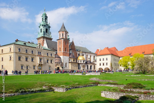 RAKOW, MALOPOLSKIE POLAND - 30 April 2017: Tourists visit Wawel Royal Castle. View of the Cathedral of St. Wojciech