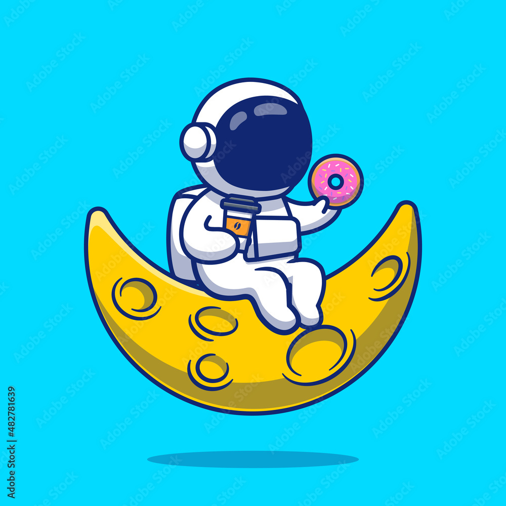 Cute Astronaut With Donut And Coffee On Moon Cartoon Vector Icon ...
