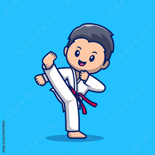 Cute Karate Kid Cartoon Vector Icon Illustration. People Sport Icon Concept Isolated Premium Vector. Flat Cartoon Style 