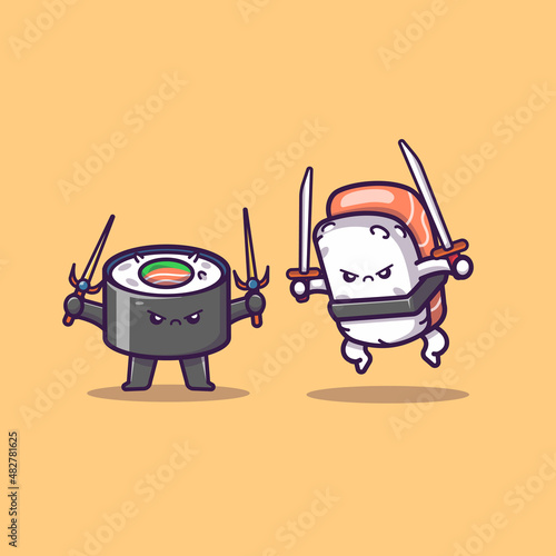 Cute Sushi And Onigiri Fighting Cartoon Vector Icon Illustration. Food Icon Concept Isolated Premium Vector. Flat Cartoon Style