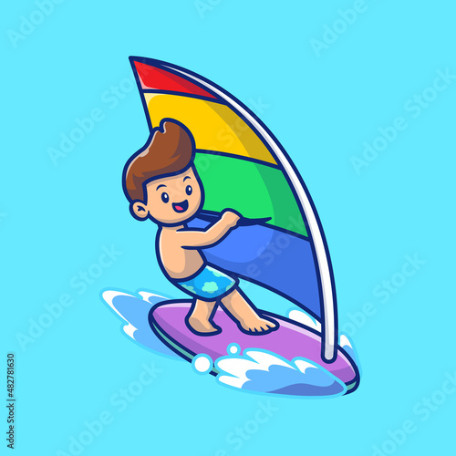 Cute People Playing Windsurfing Cartoon Vector Icon Illustration. People Sport Icon Concept Isolated Premium Vector. Flat Cartoon Style
