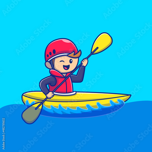 Cute People Playing Kayak Cartoon Vector Icon Illustration. People Sport Icon Concept Isolated Premium Vector. Flat Cartoon Style