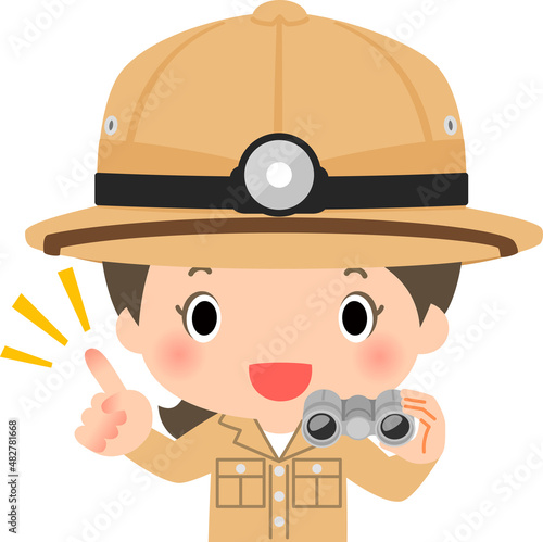 探検帽をかぶり双眼鏡を持った女性