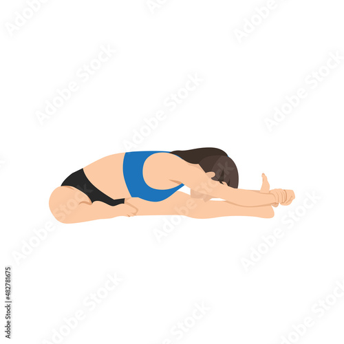 Woman doing head to knee forward bend pose Kanu sirsasana exercise. Flat vector illustration isolated on white background