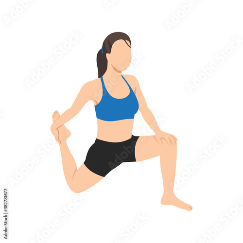 woman doing low lunge quad stretch pose anjaneyasana exercise. Flat vector illustration isolated on white background