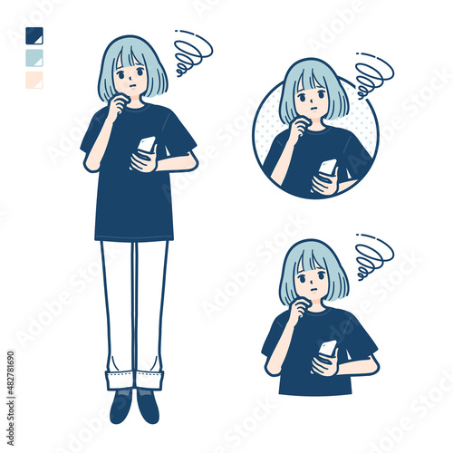 ビッグサイズTシャツを着た女性がスマートフォンを持ち困っているイラスト