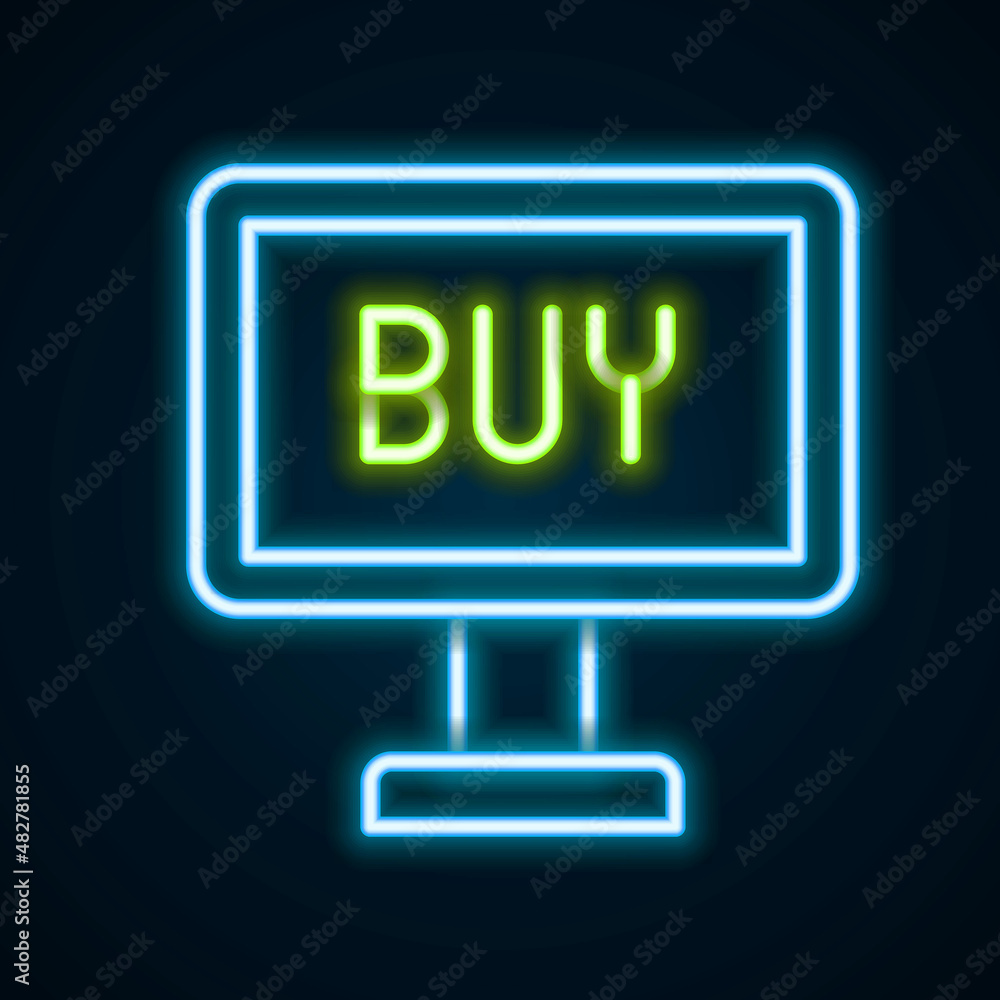 Glowing neon line Buy button icon isolated on black background. Colorful outline concept. Vector Glowing neon line Buy button icon isolated on black background. Colorful outline concept. Vector