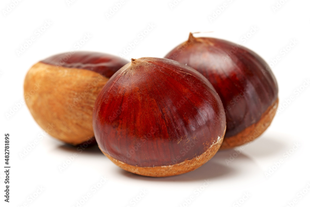 chinese food, peeled roasted chestnut on white background chinese food, peeled roasted chestnut on white background