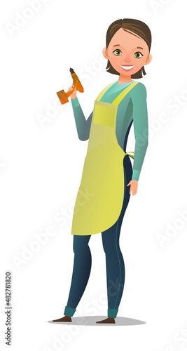 Little girl craftsman or artist. Teen in apron. Master in workwear. Cheerful person. Standing pose. Cartoon comic style flat design. Single character. Illustration isolated on white background. Vector