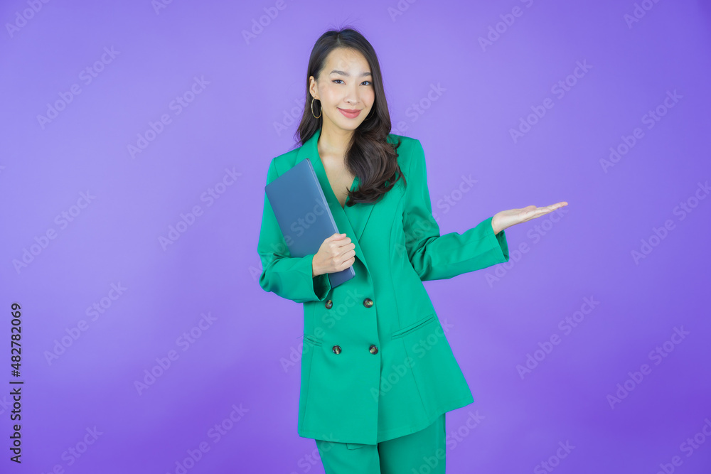 Portrait beautiful young asian woman smile with computer laptop Portrait beautiful young asian woman smile with computer laptop