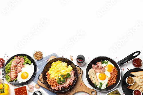 Concept of tasty breakfast on white background