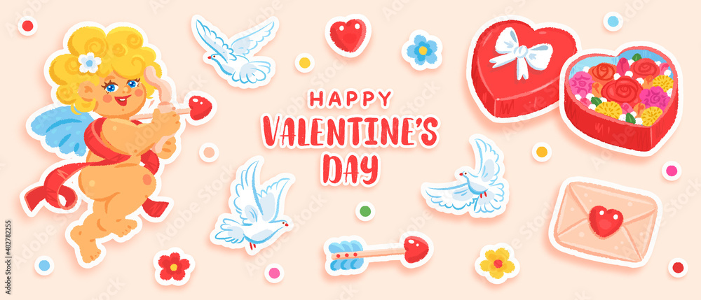 Hand drawn set of elements for valentines day. Vector illustration of cupid, gift box, envelope, bouquet, helium balloons, heart and pigeons isolated on background Hand drawn set of elements for valentines day. Vector illustration of cupid, gift box, envelope, bouquet, helium balloons, heart and pigeons isolated on background