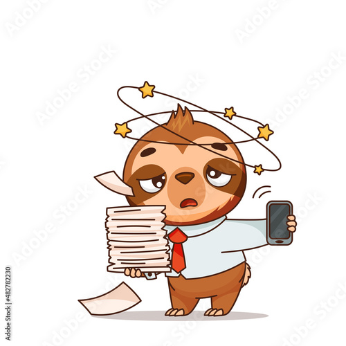 Tired sloth dizzy at work. With papers and phone in hand. Vector illustration for designs, prints and patterns. Vector illustration