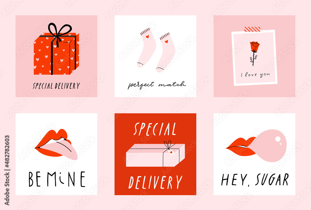 6 Stylish square template for Valentine's day greeting card, poster illustration collection in pink and red colors. Fun and cool design concept. Hand drawn doodle cartoon style.
