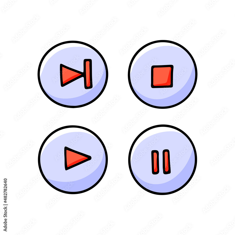 Hand drawn media player buttons - play, stop, pause, rewind. Vector illustration of music icons in doodle style. Hand drawn media player buttons - play, stop, pause, rewind. Vector illustration of music icons in doodle style.