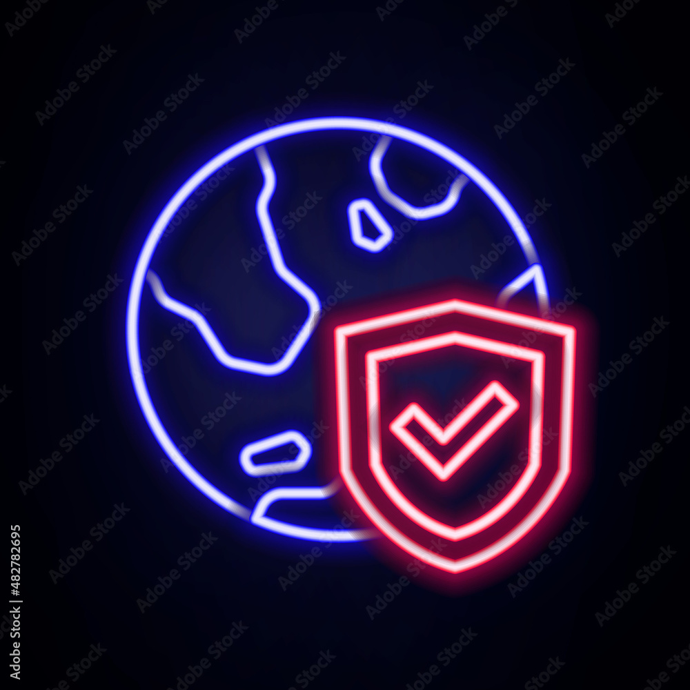Glowing neon line Shield with world globe icon isolated on brick wall background. Insurance concept. Security, safety, protection, privacy concept. Colorful outline concept. Vector Glowing neon line Shield with world globe icon isolated on brick wall background. Insurance concept. Security, safety, protection, privacy concept. Colorful outline concept. Vector