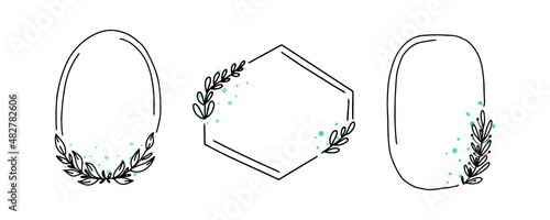 Geometric floral frame set, border with leaves,wreaths,flower doodle elements. Hand drawn sketch style for invitation, greeting card,social media and blog.