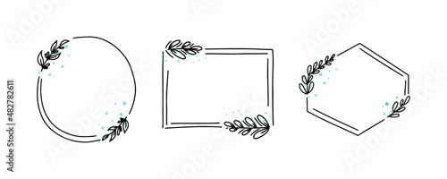 Geometric floral frame set, border with leaves,wreaths,flower doodle elements. Hand drawn sketch style for invitation, greeting card,social media and blog.